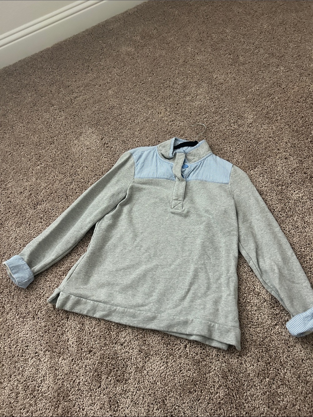 crown & ivy Gray Pullover Sweatshirt with Blue Stripe Accents